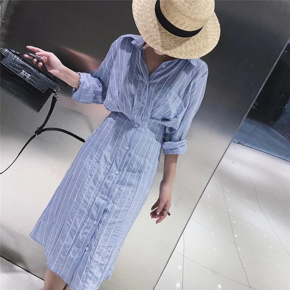 Autumn / Spring Women Dress Slim Waist Striped Shirt Dress Long Sleeve Knee